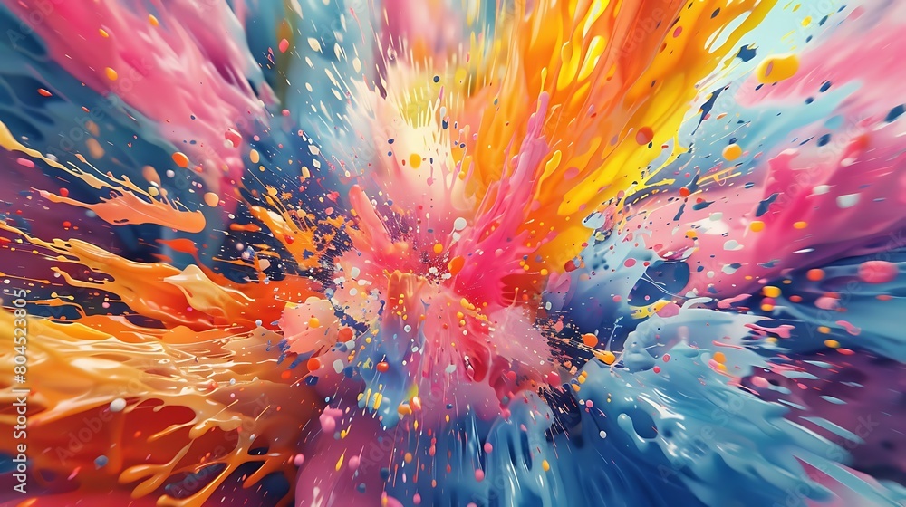  In high definition detail, a flurry of paint splashes erupts onto a blank surface, showcasing the beauty of chaotic yet controlled creativity