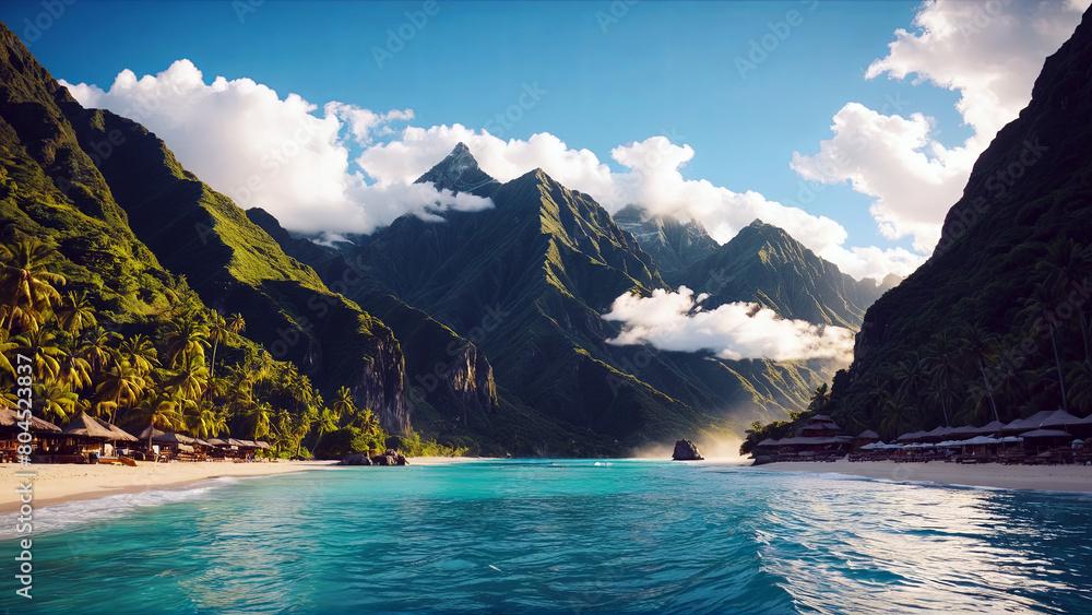 Aerial view of a picturesque place somewhere in Asia, stunning mountains, green slopes, coastline with rocks and crystal clear water. View of the beautiful coastline