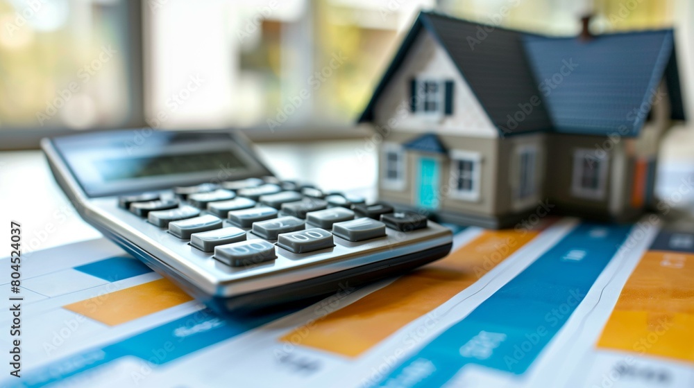 Cost of living concept, house and calculator on table, data plan document paper office Cost of living concept, house and calculator on table, data plan document paper office