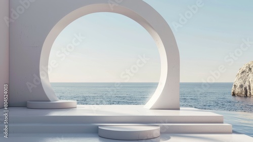 A geometrical shape with a podium in natural daytime light. A minimal landscape background. A sea view in summer. 3D render background. © Zaleman