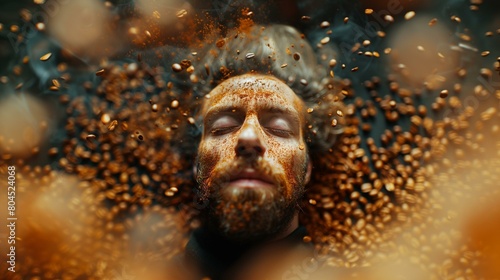 Coffee addict, man with beard and face covered in golden coffee beans and dust, front view defocused celebration beauty joy photo