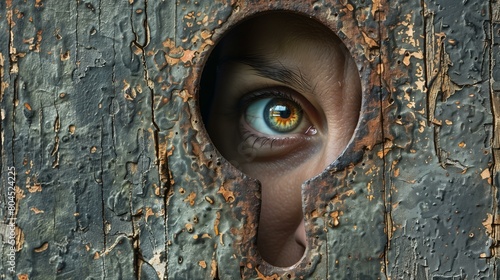 Keyhole with eye peering through, woman peeking through hole in wood door, eyeball surveillance watching concept creativity