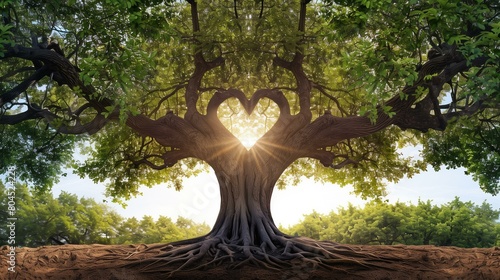 Tree with roots shaped like heart, idea symbol season sun concept
