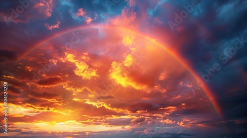 Rainbow emerging from storm clouds, rainbow over ocean at sunset, heaven vibrant color summer overcast climate © antkevyv