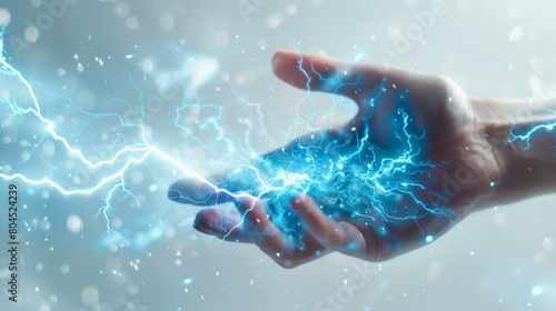 Pair of hands reaching out to touch lightning, hand holding lightning bolt, idea backdrop biology internet human finger #804524239