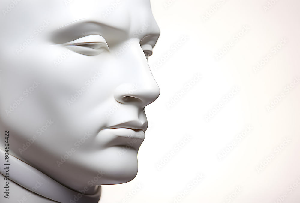 A white mannequin head and shoulders on a white background. It is looking to the right of the frame.