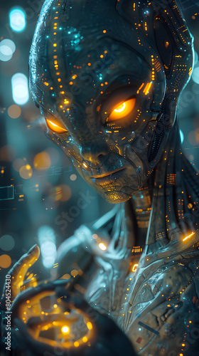 A robot looking at you with glowing yellow eyes. It has a metallic body and looks like it is made of metal.