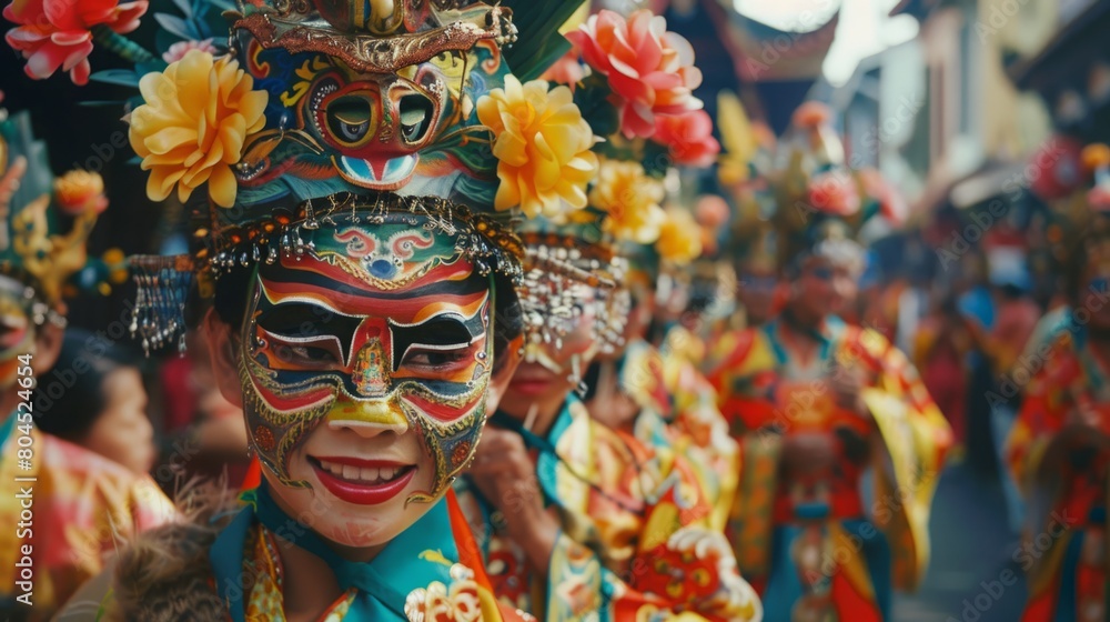 A diverse group of individuals dressed in vibrant costumes and masks, celebrating with dances and performances at a cultural event. A diverse group of individuals dressed in vibrant costumes and masks, celebrating with dances and performances at a cultural event.