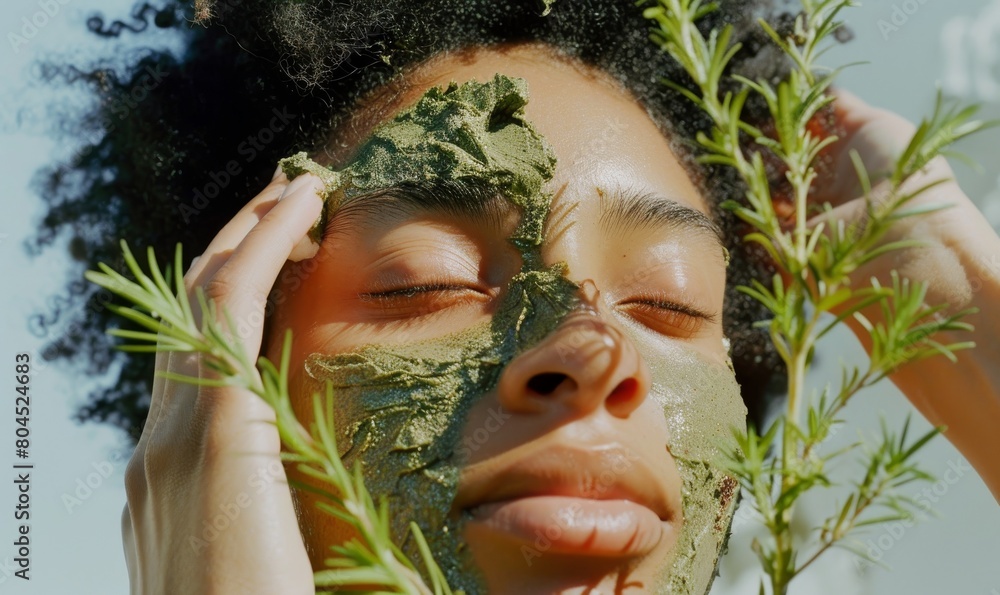Close-up shot of an African American woman with a rosemary face mask Close-up shot of an African American woman with a rosemary face mask