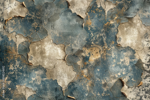 A digital art wallpaper of an antique wall with blue and gold painted patterns. Created with Ai
