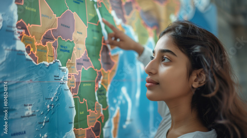 ensive serious young 20s Indian student girl studying geography global world map on wall, pointing finger at ocean, searching country for vacation travel, thinking on destination