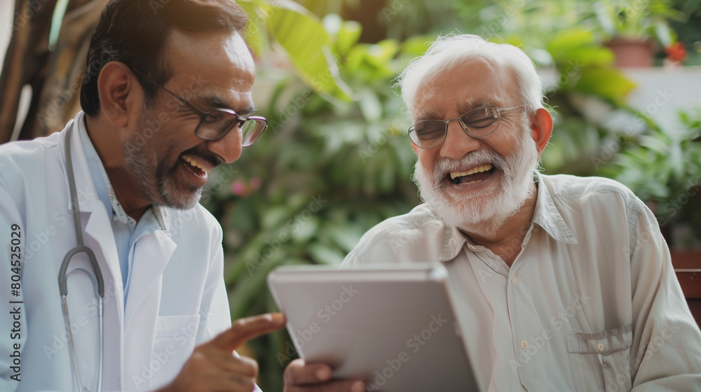 Happy geriatric young doctor and senior Indian patient man discussing modern technology, healthcare, using digital tablet together, looking at display in practitioner office, laughing Happy geriatric young doctor and senior Indian patient man discussing modern technology, healthcare, using digital tablet together, looking at display in practitioner office, laughing