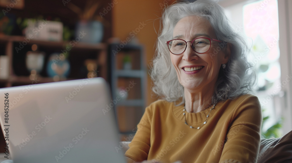 Laughing mature woman enjoy on-line talk with family living abroad using laptop and videoconference application, look at screen, share happy news, lead conversation spend time at home. Videocall
Laughing mature woman enjoy on-line talk with family living abroad using laptop and videoconference application, look at screen, share happy news, lead conversation spend time at home. Videocall