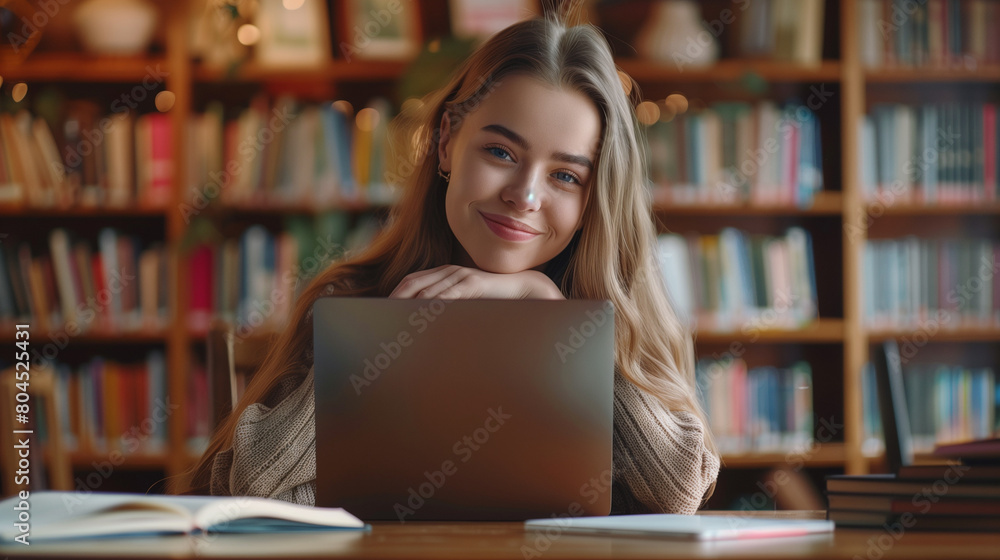 Portrait of happy attractive student girl posing for camera seated at desk with laptop and textbook, enjoy education in university, preparing for exams or high-school admission, studying in library Portrait of happy attractive student girl posing for camera seated at desk with laptop and textbook, enjoy education in university, preparing for exams or high-school admission, studying in library