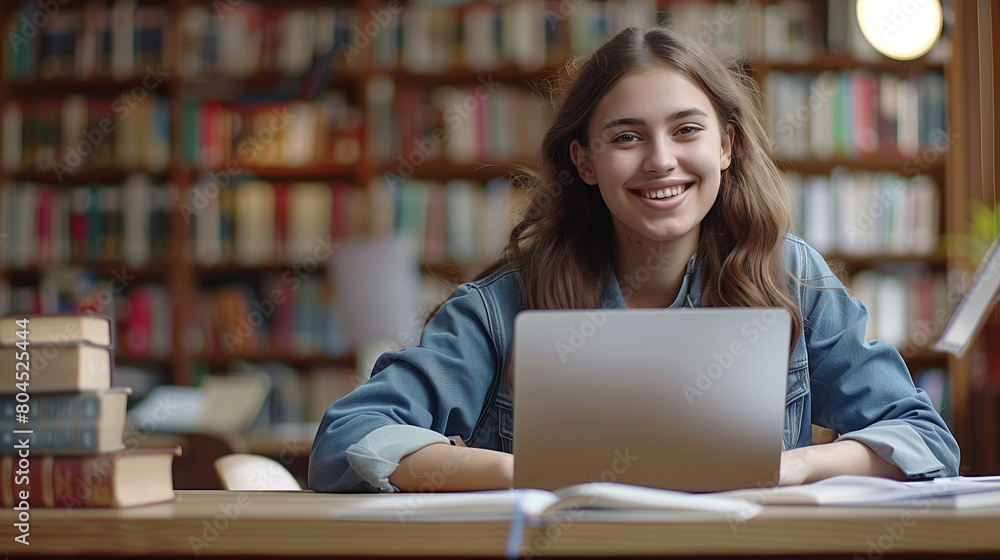 Portrait of happy attractive student girl posing for camera seated at desk with laptop and textbook, enjoy education in university, preparing for exams or high-school admission, studying in library Portrait of happy attractive student girl posing for camera seated at desk with laptop and textbook, enjoy education in university, preparing for exams or high-school admission, studying in library