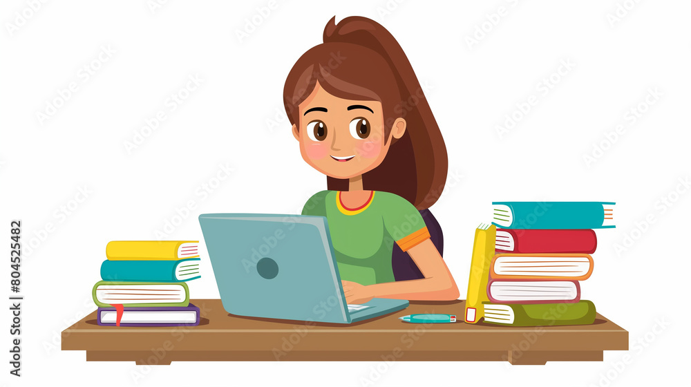 Portrait of happy attractive student girl posing for camera seated at desk with laptop and textbook, enjoy education in university, preparing for exams or high-school admission, studying in library Portrait of happy attractive student girl posing for camera seated at desk with laptop and textbook, enjoy education in university, preparing for exams or high-school admission, studying in library