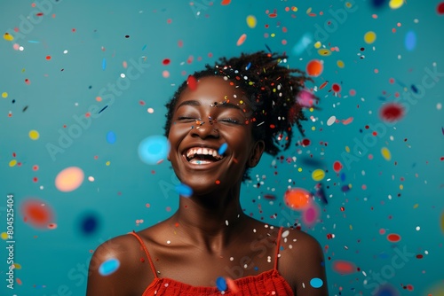 young smiling black woman in casual clothes studio shot with a bit of confetti © World of AI