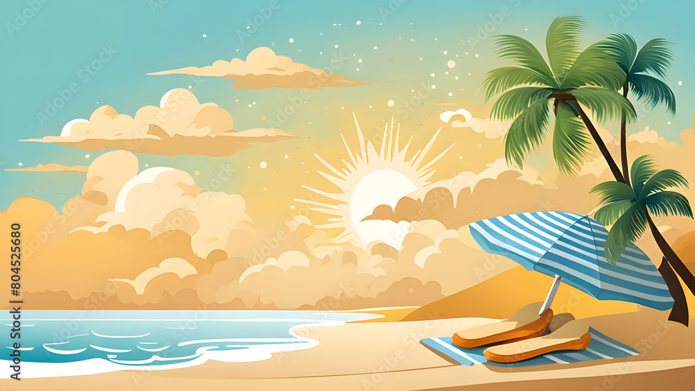 Summer Vacation Background with Beach, Sand, Sunlight, and Lounge Chairs. Perfect for: Travel Agencies, Vacation Promotions, Beach-themed Designs.