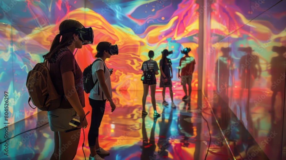 Several individuals are standing in front of a vibrant and colorful wall, posing for a group photo. Several individuals are standing in front of a vibrant and colorful wall, posing for a group photo.