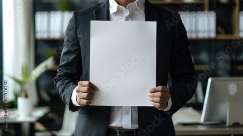 A businessman is holding a blank A4 paper isolated on office background