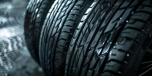 close-up of New car tires in a row with blurred background