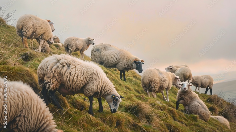 Sheep flock on hillside, close up on wool and faces, peaceful grazing, soft morning light Sheep flock on hillside, close up on wool and faces, peaceful grazing, soft morning light