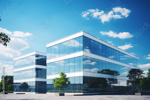 Modern office building against blue sky.