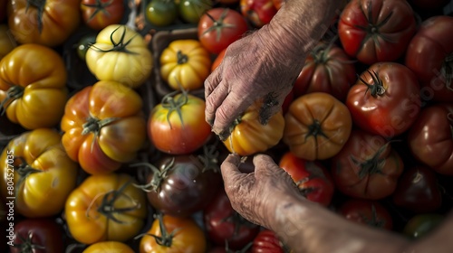 Farmer's hands sorting through heirloom tomatoes, close up, reds and yellows, peak season 