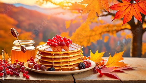 Breakfast with pancakes, honey and berries. photo