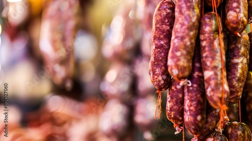 Artisan sausage links hanging at market booth, close up, focus on details and quality 