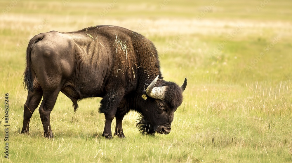 Buffalo in field, close up, powerful stance, grazing calmly, expansive grassland background Buffalo in field, close up, powerful stance, grazing calmly, expansive grassland background