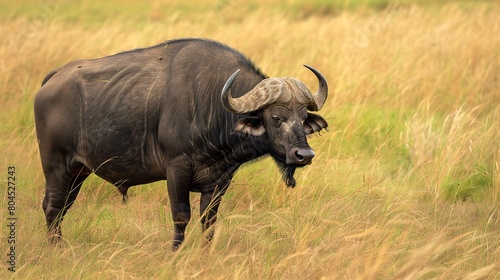 Buffalo in field  close up  powerful stance  grazing calmly  expansive grassland background 