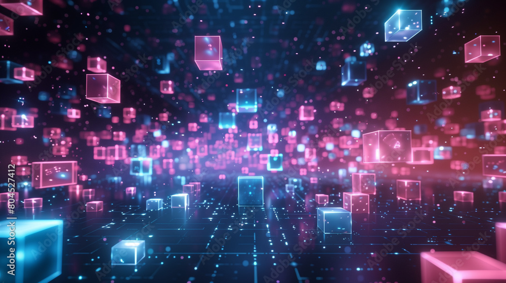 Abstract digital landscape of neon-lit cubes floating over a dynamic, futuristic grid.
Abstract digital landscape of neon-lit cubes floating over a dynamic, futuristic grid.