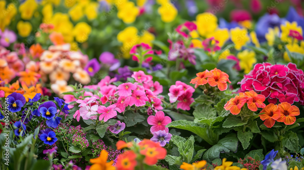 Assorted flowers, featuring pansies, primroses, and other blooms, showcasing a rainbow of colors in a lush garden setting. Assorted flowers, featuring pansies, primroses, and other blooms, showcasing a rainbow of colors in a lush garden setting.