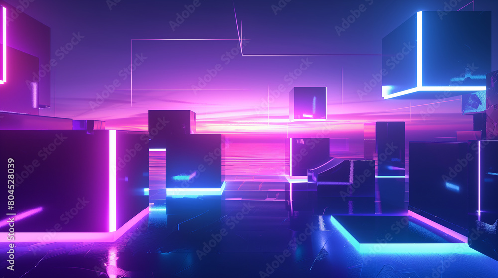 Abstract digital landscape of neon-lit cubes floating over a dynamic, futuristic grid.
Abstract digital landscape of neon-lit cubes floating over a dynamic, futuristic grid.