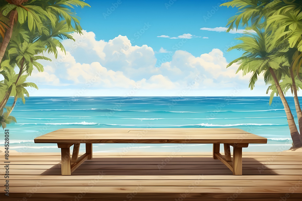 A calming scene with a wooden bench facing the tranquil blue ocean, bordered by lush tropical palm trees