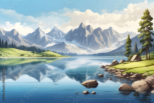 A peaceful illustration showcasing a serene mountain landscape with clear lake waters reflecting the peaks