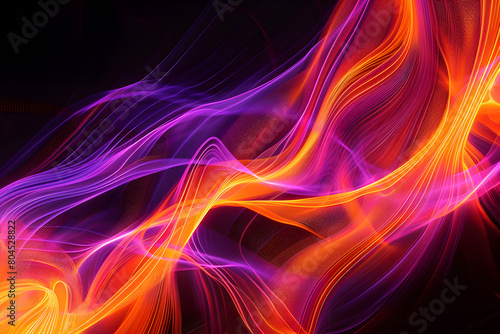 Electric orange and purple neon waves. Abstract art on black background.