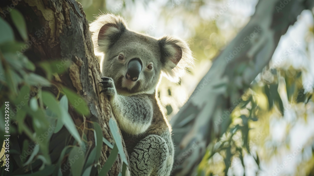 Fototapeta premium A koala bear sitting on a eucalyptus tree branch