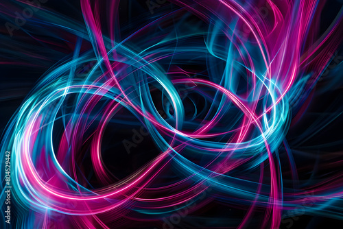 Glowing cyan and magenta neon swirls. Vibrant abstract composition on black background.