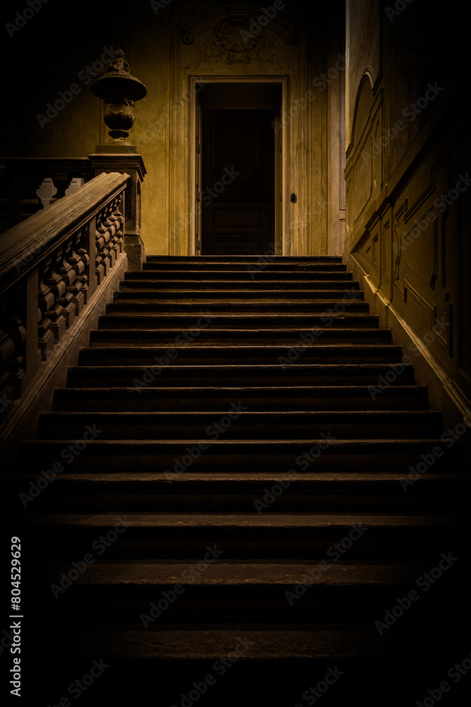Abandoned dark staircase. Empty building, home interior, nobody.