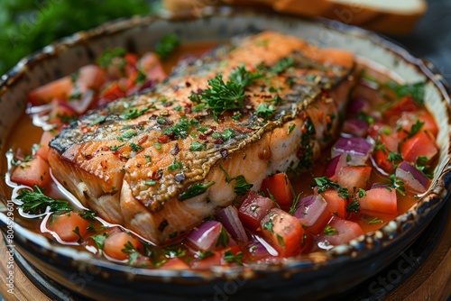A perfectly cooked salmon with fresh herbs and diced vegetables, highlighting a healthy-meal concept photo