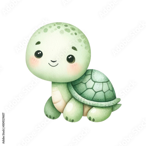 A cute cartoon turtle with a friendly smile on its face. The turtle is sitting on a white background and has a light green body, a dark green shell, and big, round eyes.