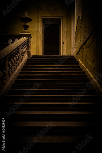 Abandoned dark staircase. Empty building  home interior  nobody.