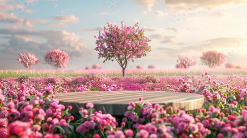 Beautiful podium backdrop featuring a flower field in the spring. 3D rendering...