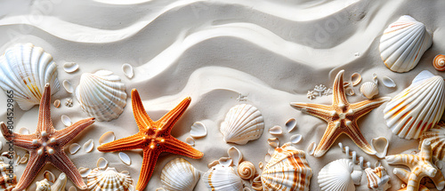 Colorful starfish and seashells on white sand.