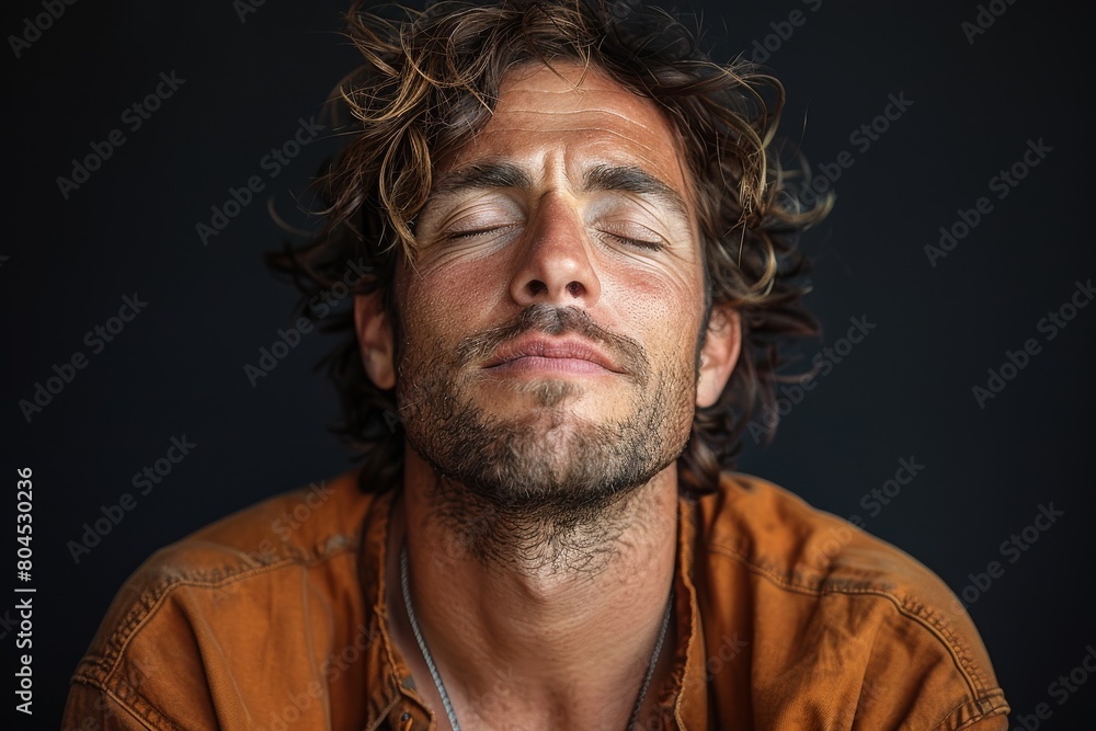 Close-up portrait of man meditating, serene and in deep thought Close-up portrait of man meditating, serene and in deep thought