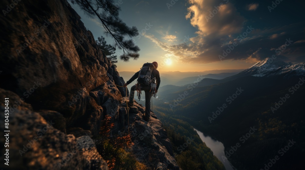 Dramatic Sunset Climbing Adventure: Rock Climber Scaling a Cliff Over a Scenic River Valley