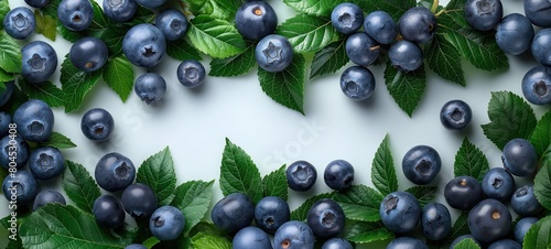 close up berry minimal banner , top view blueberry frame flat lay on white background, Generative Ai