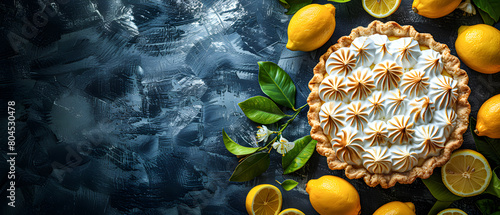 Top view of lemon meringue pie on a table with fresh lemons. photo